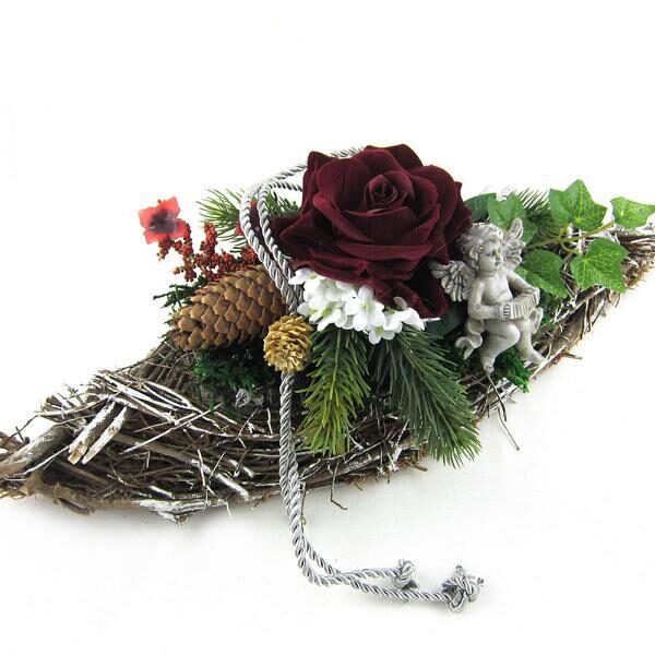 DEKORACE – SMUTEČNÍ FLORISTIKA Loďka, přírodní, červená 40 cm