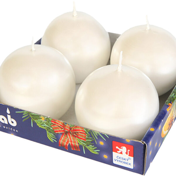 Svíčka adventní koule 60 mm - metalická bílá perleť (4ks)