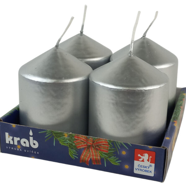 Svíčka adventní válec 60x80 mm - metalická stříbrná (4ks)